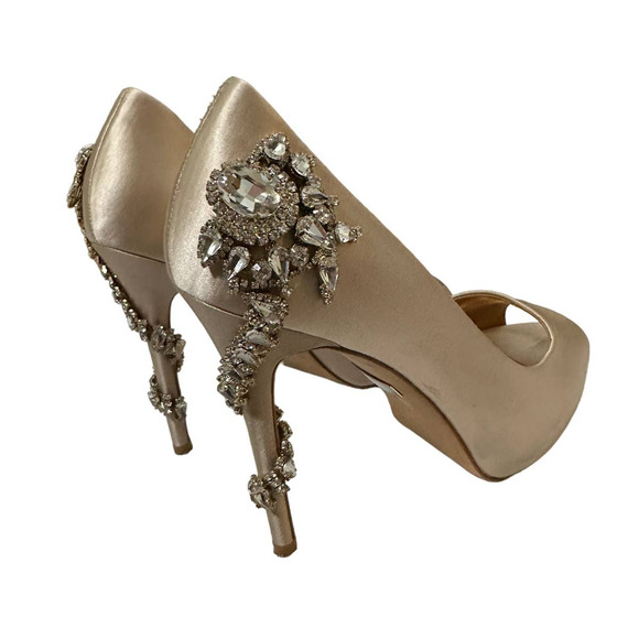 Badgley Mischka Kiara Crystal Back Open Toe Pump Latte‎ Satin size 8 - Picture 7 of 10